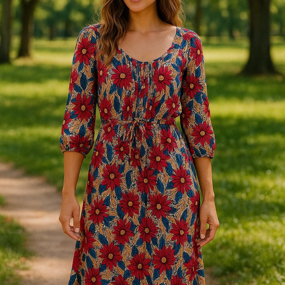 Lucky Brand Floral Boho Midi Dress M Rayon Peasant Style 3/4 Sleeve Rich Colors